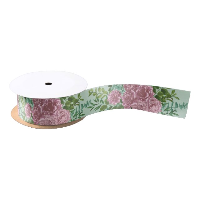 Light Green & Pale Pink Peony Rose Floral Wedding Satin Ribbon (Spool)