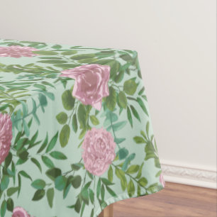 Light Green & Pale Pink Peony Rose Floral Wedding Tablecloth