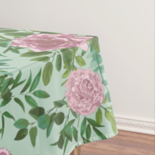 Light Green & Pale Pink Peony Rose Floral Wedding Tablecloth