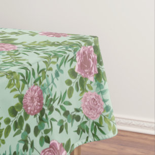 Light Green & Pale Pink Peony Rose Floral Wedding Tablecloth