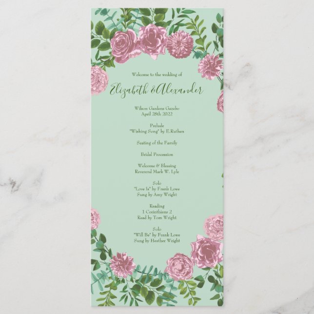 Light Green & Pale Pink Peony Rose Wedding Program Menu (Front)