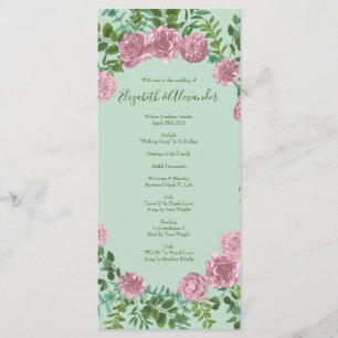 Light Green & Pale Pink Peony Rose Wedding Program Menu