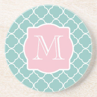Light Green Quatrefoil Pink Monogram Coaster