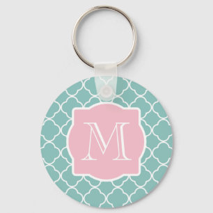 Light Green Quatrefoil Pink Monogram Key Ring
