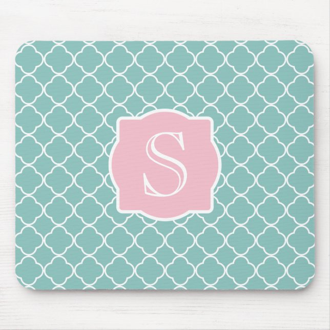 Light Green Quatrefoil Pink Monogram Mouse Pad (Front)