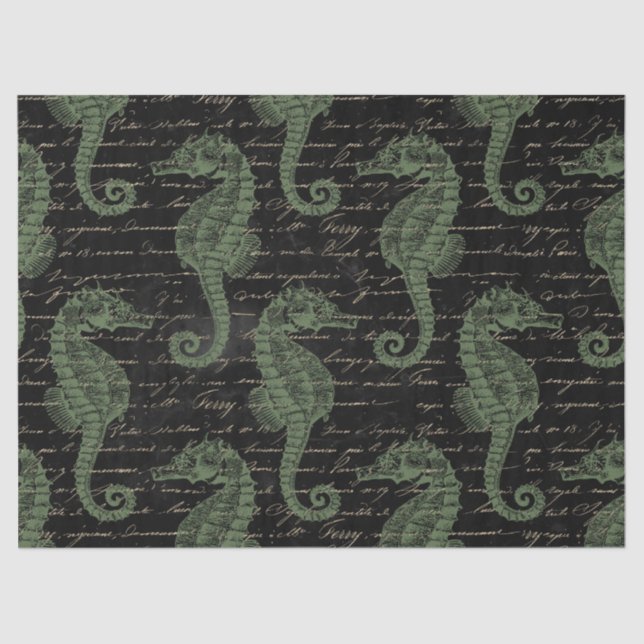 Light Green Seahorses on Black Decoupage Tissue Paper (Front)