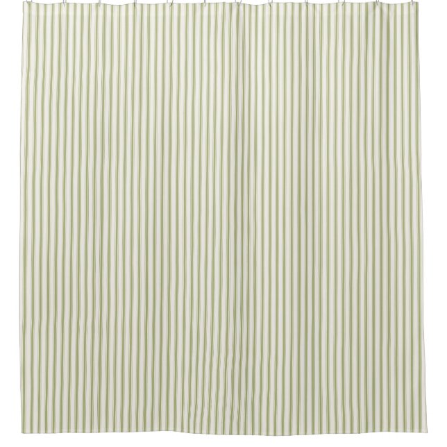 Light Green Vintage Ticking Stripe Farmhouse Shower Curtain (Front)