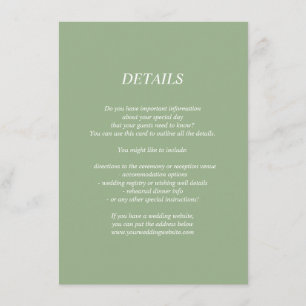 Light green wedding details/information card