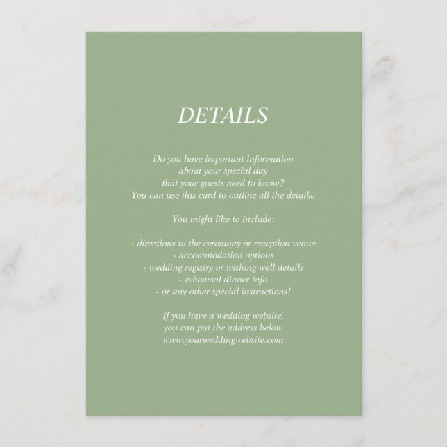 Light green wedding details/information card (Front)