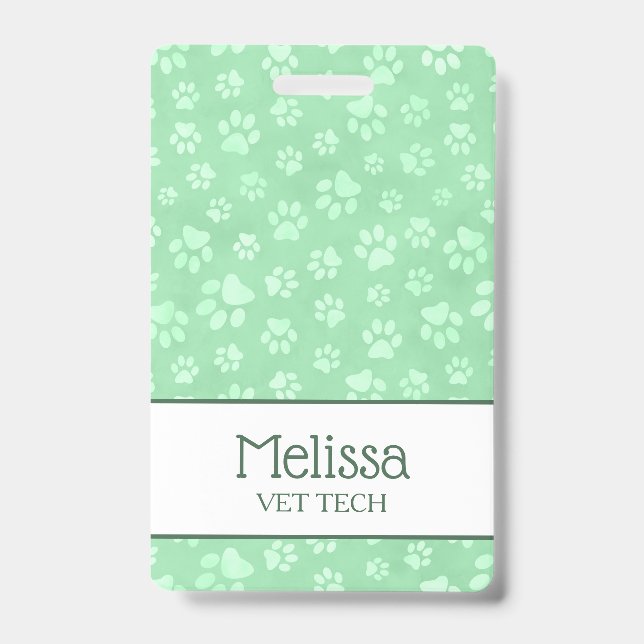 Light Green & White Animal Paw Print Monogram ID Badge (Front)