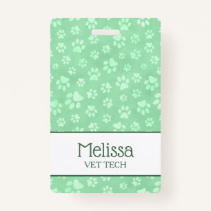 Light Green & White Animal Paw Print Monogram ID Badge
