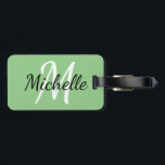 Light Green & White Custom Monogram Luggage Tag<br><div class="desc">Bag tag with a light green background and white custom monogram first initial and first name</div>
