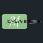 Light Green & White Custom Monogram Luggage Tag<br><div class="desc">Bag tag with a light green background and white custom monogram first initial and first name</div>