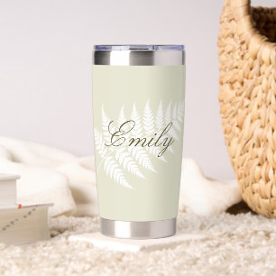 Light Green White Fern Personalised Name Silver Insulated Tumbler