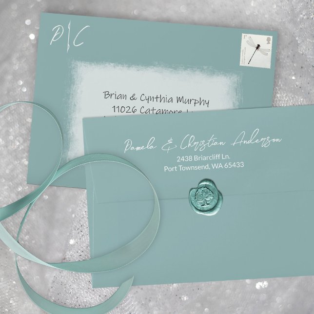 Light Green White Pre-addressed Monogram Wedding Envelope (Light green, mint green, dusty turquoise 5x7 wedding invitation envelope address printed on back)
