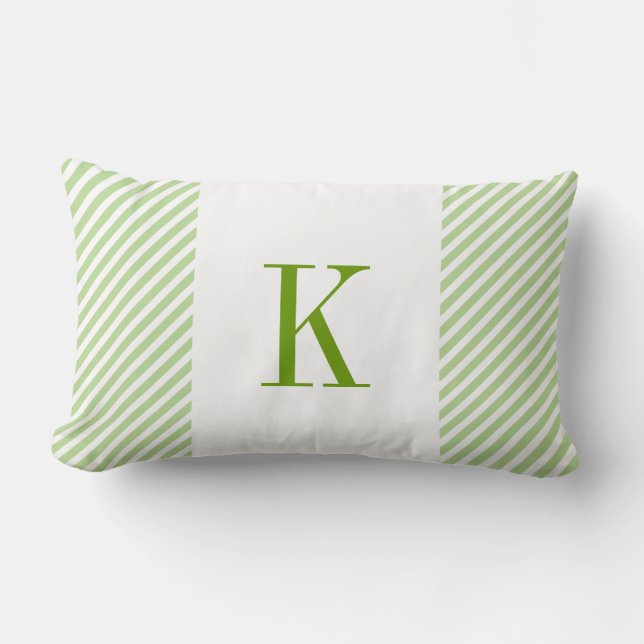 Light Green White Stripes Green Monogram Lumbar Cushion (Front)