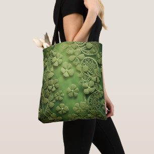 LIGHT GREEN WITH LACE LOOK IRISH CELTIC SHAMROCKS TOTE BAG