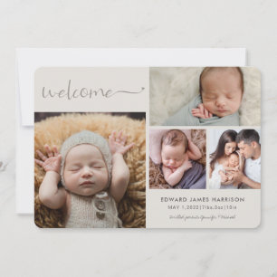 Light Greige Baby Announcement Photo Collage Card