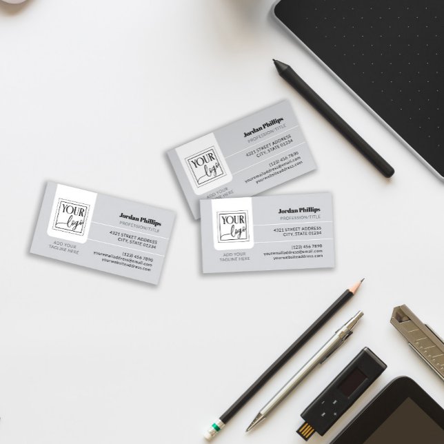 Light Grey Add Your Logo One Sided Business Card (Creator Uploaded)
