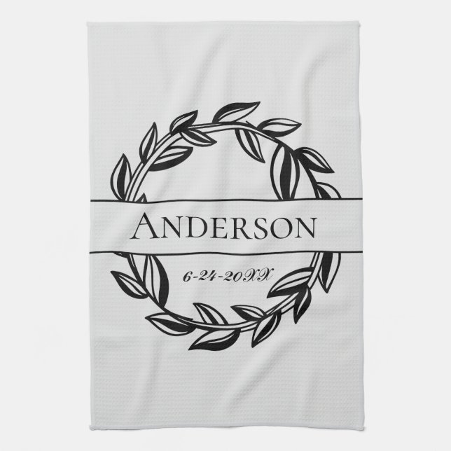 Light Grey and Black Leaf Family Name Wedding Date Tea Towel (Vertical)