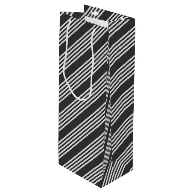 Light grey and charcoal five stripes pattern wine gift bag (Front Angled)