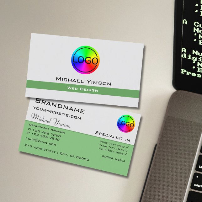 Light Grey and Green Chic with Logo Professional Business Card (Creator Uploaded)