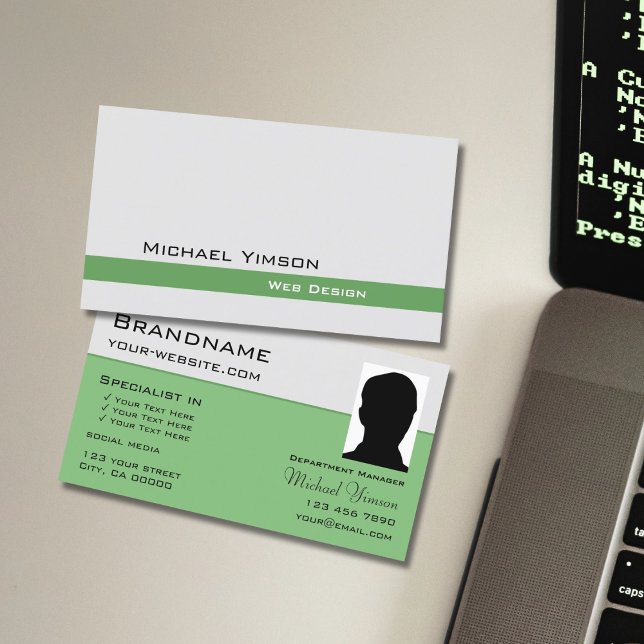 Light Grey and Green Chic with Photo Professional Business Card (Creator Uploaded)