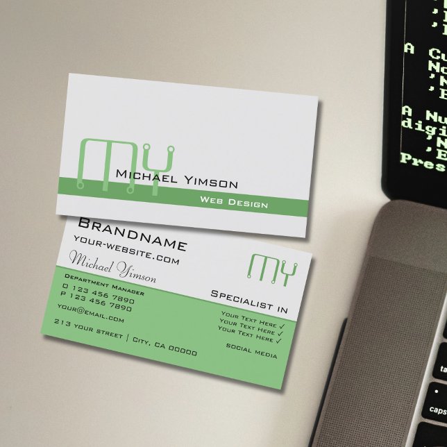 Light Grey and Green with Initials Professional Business Card (Creator Uploaded)