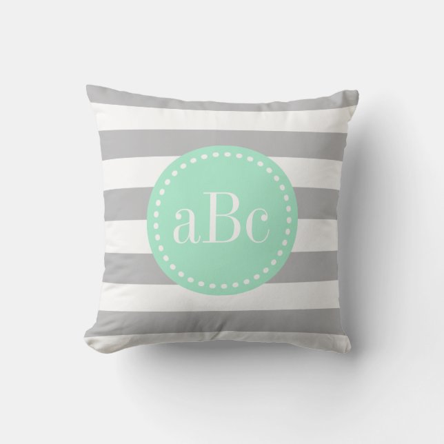 Light Grey and Mint Monogram Throw Pillow (Front)