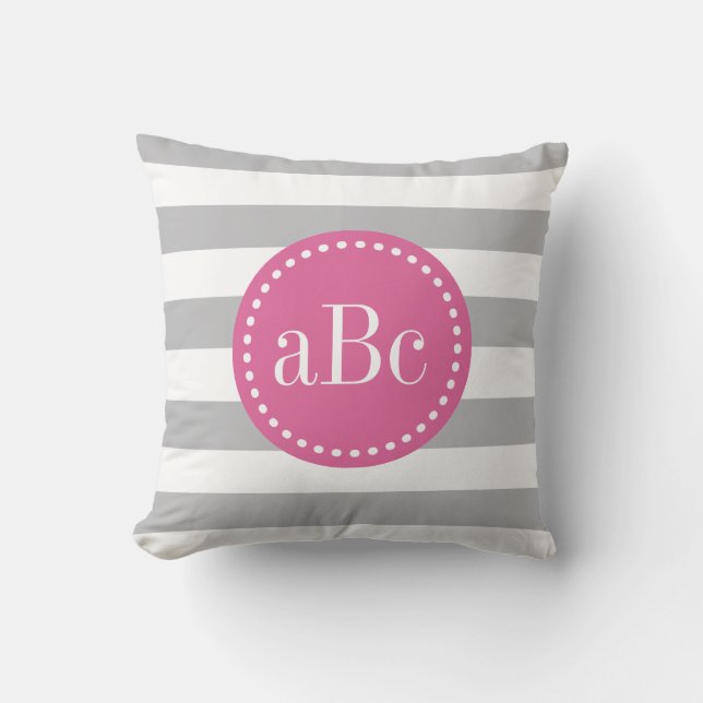 Light Grey and Pink Monogram Throw Pillow (Front)