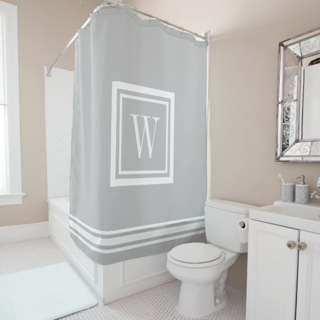 Light Grey and White Classic Square Monogram Shower Curtain (In Situ)