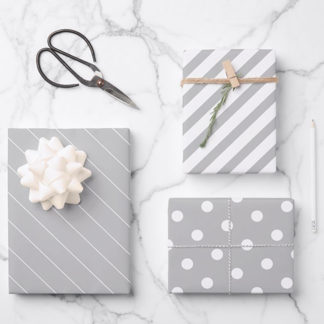 Light Grey and White Dots Stripes Patterns Wrapping Paper Sheet (Front)