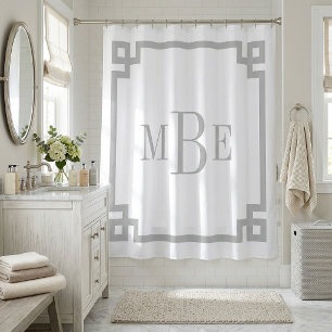 Light Grey and White Greek Key   Monogrammed Shower Curtain