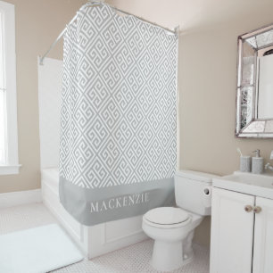 Light Grey and White Greek Key Name Monogram Shower Curtain
