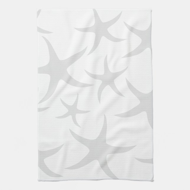 Light Grey and White Starfish Pattern. Tea Towel (Vertical)
