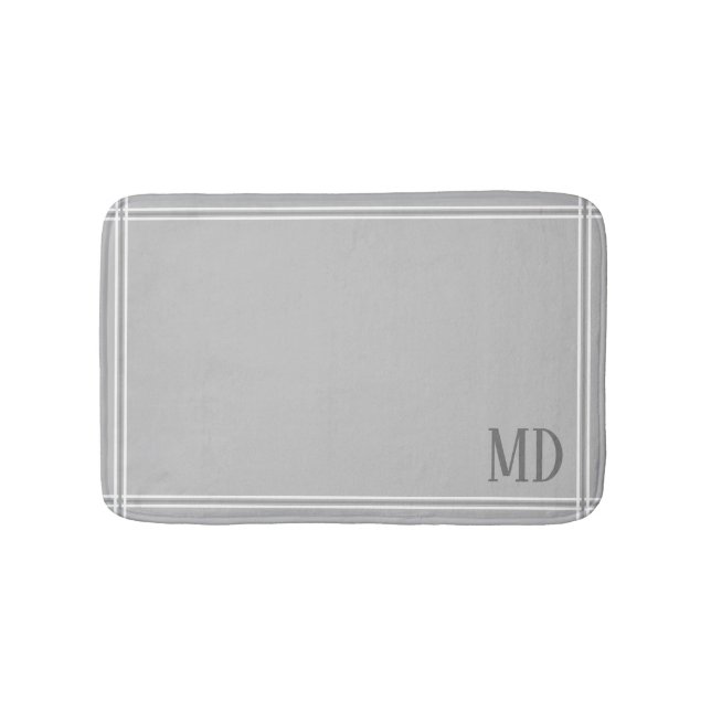 Light Grey and White Striped Custom Initials Bath Mat (Front)