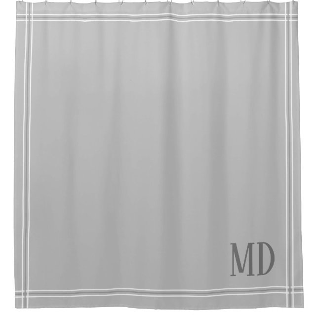 Light Grey and White Striped Custom Initials Shower Curtain (Front)