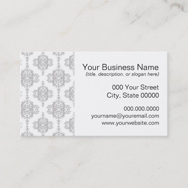 Light Grey and White Vintage Damask Business Card (Front)