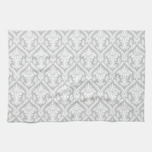 Light Grey and White Vintage Damask Pattern Tea Towel