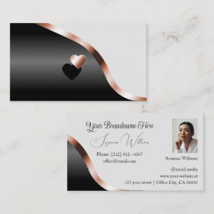 Light Grey Black Wavy Rose Gold Decor Hearts Photo Business Card