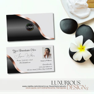 Light Grey Black Wavy Rose Gold Decor Logo Photo Business Card