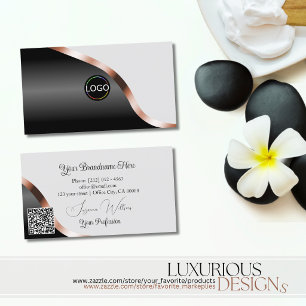 Light Grey Black Wavy Rose Gold Decor Logo QR Code Business Card