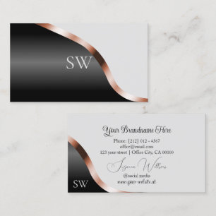Light Grey Black Wavy Rose Gold Decor Monogrammed Business Card