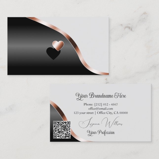Light Grey Black Wavy Rose Gold Hearts and QR Code Business Card (Front/Back)