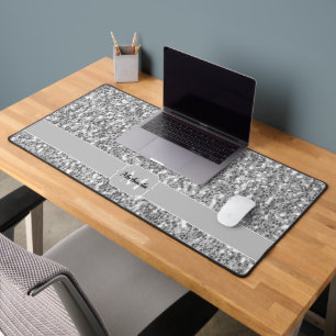 Light grey black white glitter sparkles Monogram Desk Mat