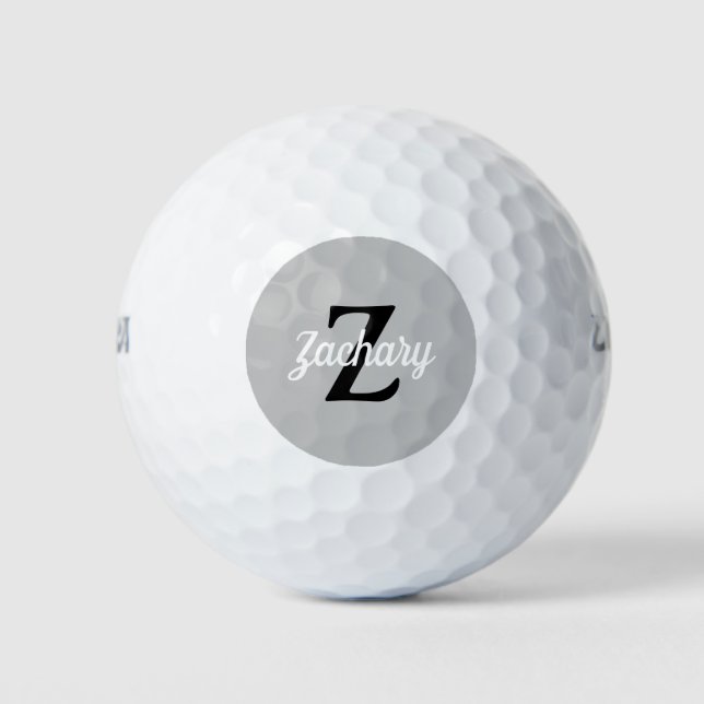 Light Grey Black White Monogram Retro Personalised Golf Balls (Front)