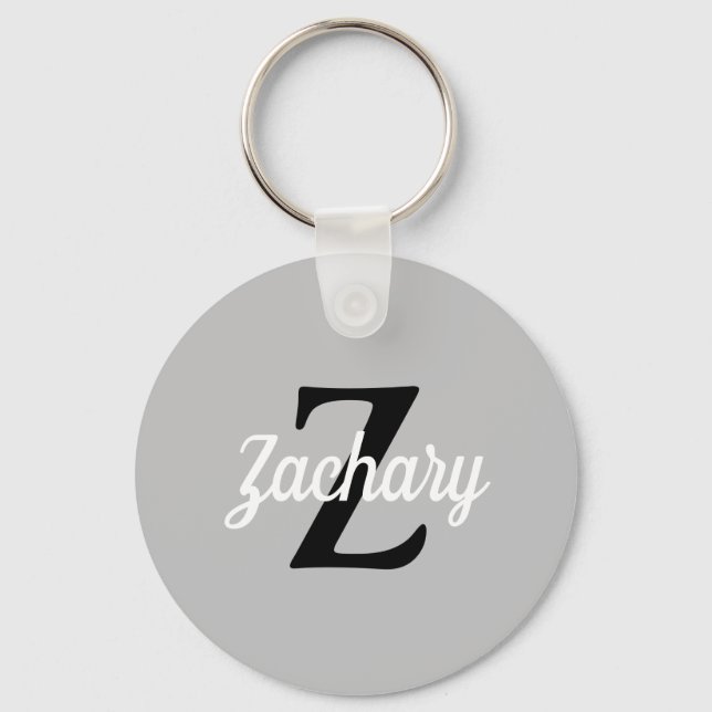 Light Grey Black White Retro Monogram Personalised Key Ring (Front)