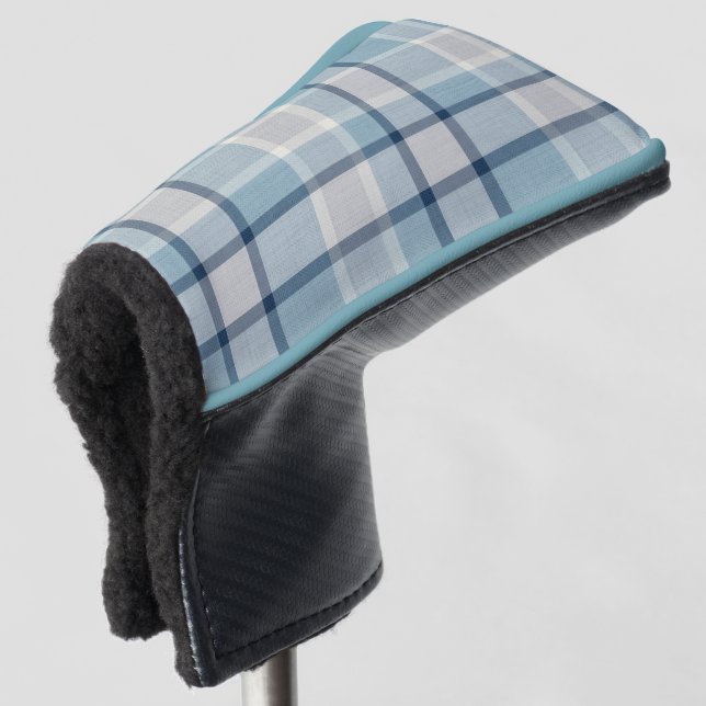 Light grey-blue textured chequered  golf head cover (3/4 Front)