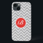 Light Grey Chevron Pattern Linen Texture Monogram iPhone 13 Case<br><div class="desc">Elegant light grey and white retro chevron geometric seamless pattern with linen texture and customisable and optional monogram. Touch of orange-red.</div>