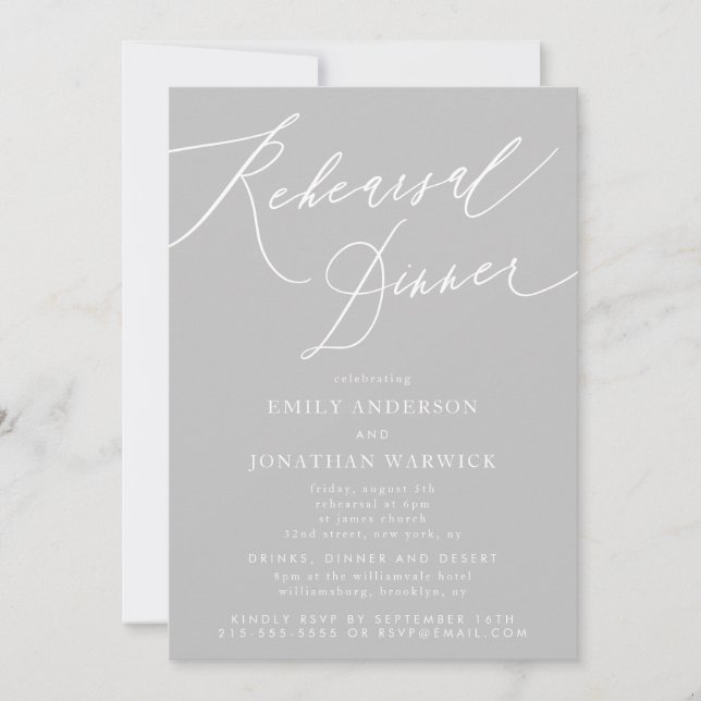 Light Grey Classic Calligraphy Wedding Rehearsal Invitation (Front)